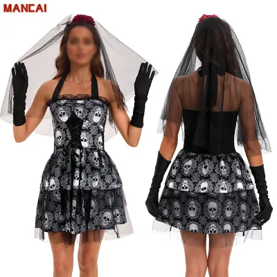 Halloween Ghost Bride Dress Adult Black Skull Costumes Black Gothic Horror Ghost Bride Cosplay Dresses with Head Scarf and Cape