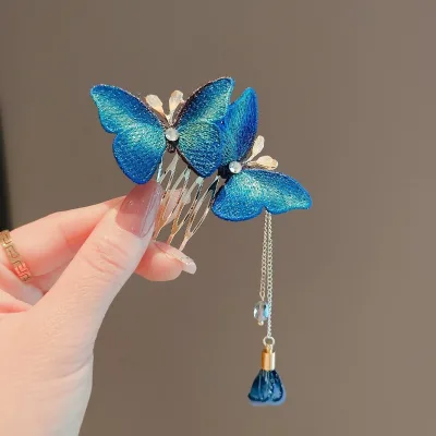Blue Embroidered butterfly Alloy Handmade Vintage-style High-end Insert Comb Updos New Chinese-style Headpiece Hair