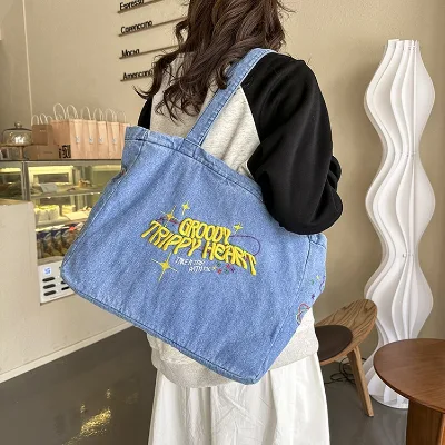 Portable Jeans Tote Shopping Handbag Classic Denim Purse Large Durable Shoulder Bag Classic Denim Tote Bag