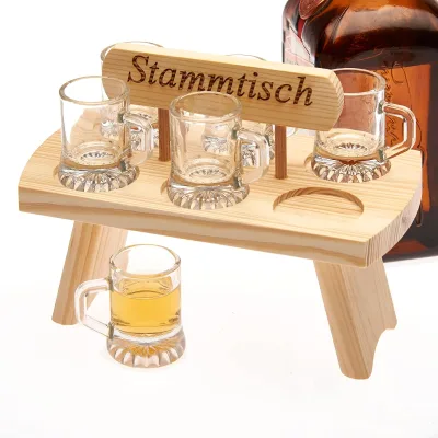Wooden Tray with 6 Short Glasses for Liquor Wooden Bench with Mini Beer Jugs
