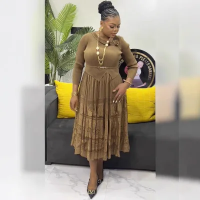 Women's Plus-Size Dress Elegant Solid Color Fashionable Pleated Dashiki Ready Stock for Cross-Border African Foreign