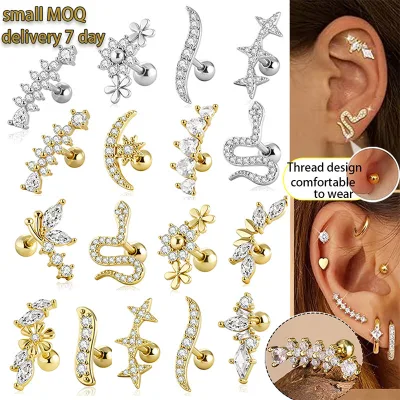 Multi Pattern  Plated Cartilage Ear Studs 1.2x6x4mm Inlaid Clear Cubic  Minimalist Style for Daith Rook Nostril Lip Piercing