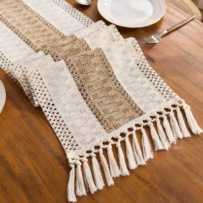 New Simple and Luxurious Cotton Linen Tassel Table Flag, Festive Color-blocking Decorative Table Flag