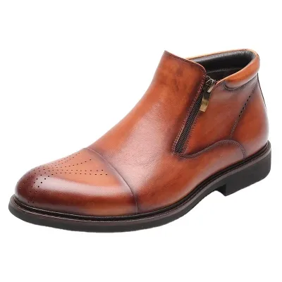 Wholesale Winter Men's Ankle Boots Zip Closure Light Weight Calf Leather Shoes