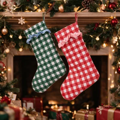 Christmas Holiday Home Decor Plaid Xmas Hanging Socks Ruffled Buffalo Check Quilted Stockings Silk Screen Printed Polyester