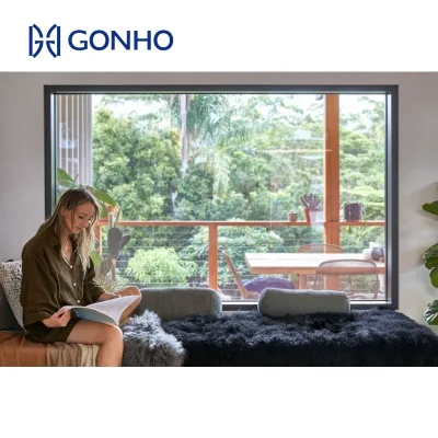 GONHO Commercial House New Design Slim Frame Customized Wood Color 1.2M Wide Glass Fixed Aluminium Windows With Spacers