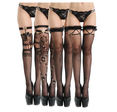 Sexy Lace Hollow Out Design Floral Pattern Fishnet Stockings Black Mesh Nylon Lingerie Stockings