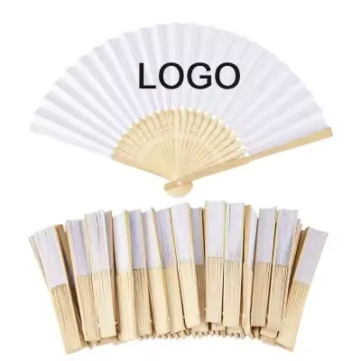 Wholesale Custom Printed Logo Folding Bamboo Hand Fan Rib Wedding Wooden Hand Held White Paper Fans for Promotional Gift