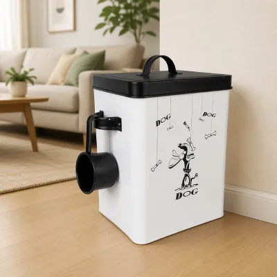 2026 New Fashion Dog Food Container White Farmhouse with Black Lid Food Storage Container with Serving Scoop