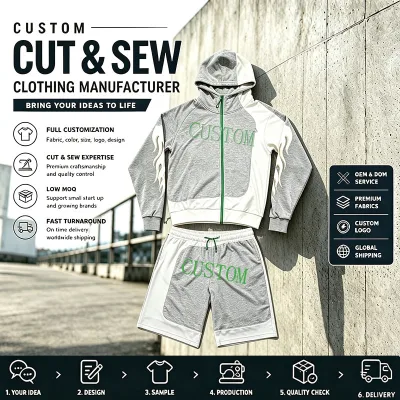 Custom Cut & Sew Color Block Zip up Hoodie Shorts Set Men Contrast Panel Tracksuit Hooded Jacket Shorts Streetwear Manufacturer