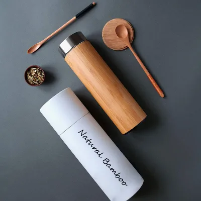 Eco Friendly 450ml BPA Free Custom Logo Natural Bamboo Flasks Water Bottle Insulated Keep Warm and Hot