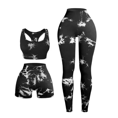 Color Blocking 3 Piece Sets Women's Elastic Waist High Waist Pants with Shorts and Sports Bra for Sports Workout Yoga