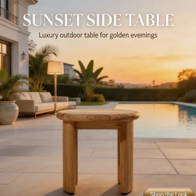 Modern Teak Side Table Set with Fluted Detail and Sustainably Harvested Wood for Hotel and Resort Outdoor Use Sofa Set