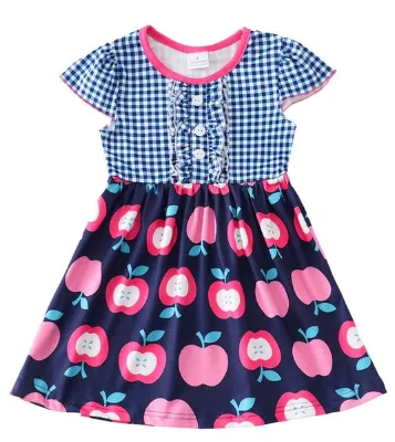 summer new customized short sleeve dresses for girls blue grid top apples print ruffle buttons baby girl dress