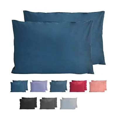 Komfortec 100% Cotton Jersey Plain Solid Knitted Pillowcase Set of 2 40x60cm 150gsm Blue Hotel & Home Use Customizable