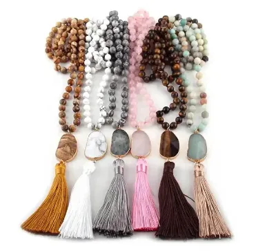Wholesale Multi Color Natural Tiger Eye Stone 108  Prayer Beads Rosary Tassel Knot Sweater Chain for Daily Wear