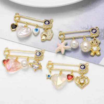 ASJEWELRY Turkish Eye Safety Pin Pendant Copper Gold Plated Brooch Heart Pearl Bear Brooch Pin Jewelry Making Supplies pdtc038