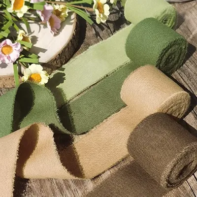 Eco-Friendly Handmade 1 1/2 Inches Wedding Green Cotton Frayed Ribbon for Gift Wrapping Wedding Invitation Decorations