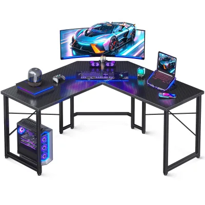 Custom Home Office Black L Shaped Corner Gaming Computer Desk PC Table With Monitor Stand
