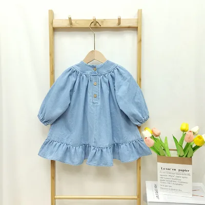 Girls' New Inspect Spring Casual Dress Korean Style Loose Fit Cute Puff Sleeves Colorful Small Buttons O-Neck Solid for Children