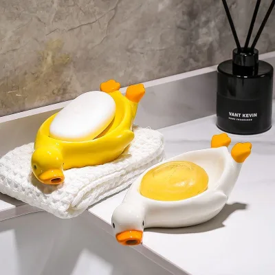 Creative Yellow Duck Ceramic Soap Dish Cute Duck-Shaped Soap Holder Storage Rack Drainage Bathroom Soap Tray