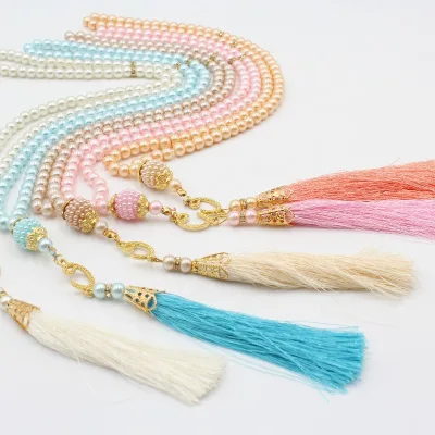 99 Beads 6mm Religious Rosary Muslim Imitation Glass Pearl Prayer Beads Allah Mohammed Pendant Middle East Islamic Tassel