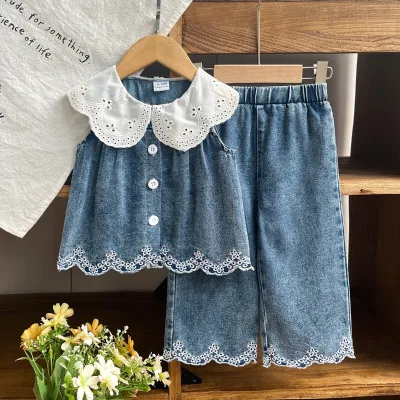 European American Cross-Border Childrens Summer Outfit Hollowed Lace Peter-Pan Collar Embroidered Trim Washed Denim Set Girls