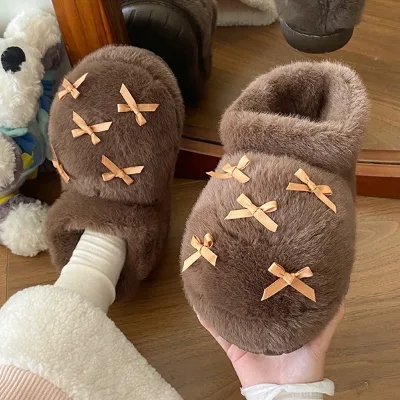Wholesale Sweet Bow Decor Winter Warm Slippers Anti Slip EVA Thick Bottom Women Indoor Plush Home Shoes