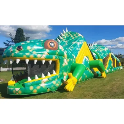 Kids Outdoor 50ft Inflatable Obstacle Course Green/Red/Purple/Yellow Lizard with Bouncy Area Climbing Wall Two Slides for Races