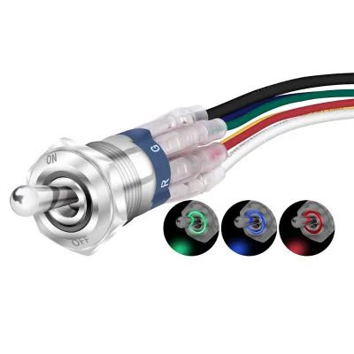 12 Volt Waterproof IP67  6PIN  on OFF Metal Push Button Toggle Switch with RGB Ring LED Illuminated With Connector