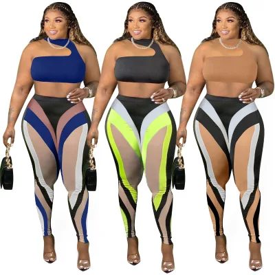 Women's Sets Sexy Summer See Through Mesh Two Piece Outfits Party Wear Solid Color Halter Crop Top Pants Set