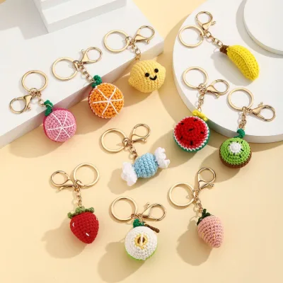 Hand-Woven Fruit Keychain - Yarn Pompom Pendant Cute Crochet Bag Charm