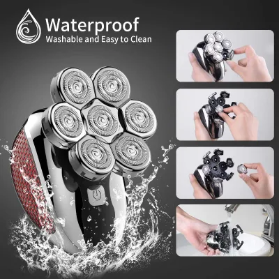IPX6 Waterproof 7D Shaver Clipper Trimmer Facial Brush Guide Comb 5 Heads Rechargeable 90min Runtime Custom Razor Kit