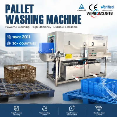Large Tray Pallet Crate Washing Machine SUS304 Tunnel 360 Spray High Temp Water Recycling PLC Auto