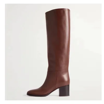 Women's Autumn Winter Knee High Boots Minimalist Brown Stiletto Heel Genuine Leather Upper Rubber Outsole 2026 New First Layer