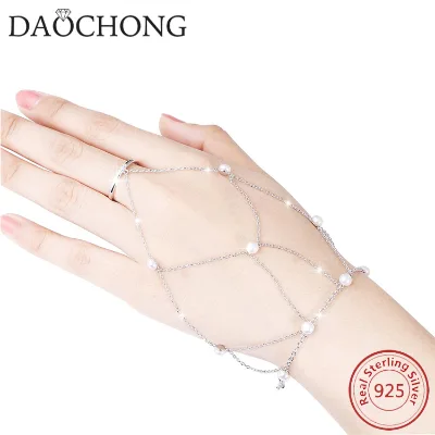 Daochong Custom 925 Sterling Silver Pearl Harness Bracelet Finger Ring Adjustable Slave Chain