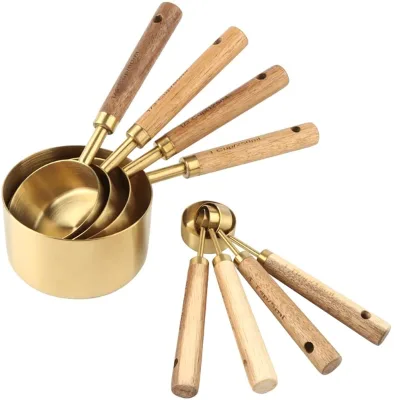 2026 Measuring Cups and Spoons Set Stainless Steel Measuring Cups and Spoons with Wood Handle for Dry and Liquid Ingredients
