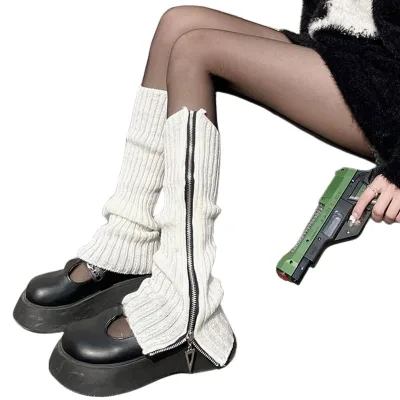 Wholesale Custom Solid Color Women Zip Knit Leg Warmers Ribbed Zipper Side Leg Warmers