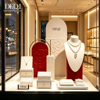 DEQI Luxury Red White Jewelry Display Set Jacquard Fabric PU Jewelry Display Props for Ring Necklace Bracelet Retail Showcase