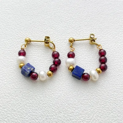 Fall New Arrival Natural Garnet Lapis Lazuli Pearl Beaded Drop Hoop Earrings Stainless Steel Vintage Boho Statement Jewelry