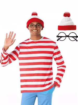 European American Adult Men's Red and White Striped T-shirt and Hat Set for Halloween Role-playing Costume Party