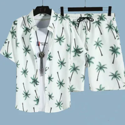 Hot Sale Casual Suit Men's Quick-drying Cotton Linen Comfortable Breathable Printed Resort Set Men's Shirt + Shorts Hawaii Suit