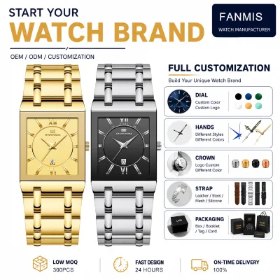 Wholesale Large Dial Men's Watch Rectangular Stainless Steel Gold Business Calendar Quartz Waterproof Wristwatch
