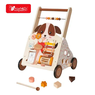 Multi-Functional Wooden Baby Push Walker with Cute Dog Design, Bead Maze, Xylophone, Shape Sorter and Spinning Gears W16E306