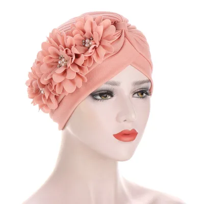 10 Colors Chemo Cancer Head Scarf Hat Three Flowers Stretch Turban Headwear Pleated Turban Hat