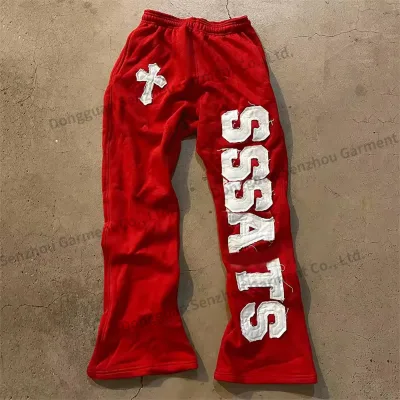 Oem Custom Straight Leg Sweatpants Men Embroidery Patched Applique Pants Raw Hem Heavyweight Sweatpants for Men