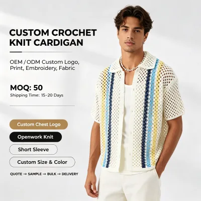 Custom  Summer Cotton logo Knit Short Sleeve Button Down Men Plus Size Knitwear Soft Knitted Top Crochet Shirts