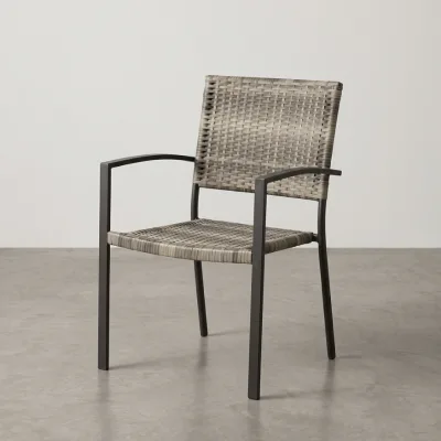 Grey Gradient PE Wicker Dining Chair Dark Aluminum Frame Outdoor Patio Armchair