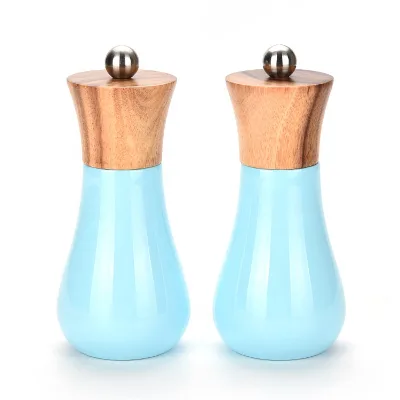 Elegant 6-Inch Manual Salt Pepper Mill Light Blue Seasoning Grinder Rubber Wood Material