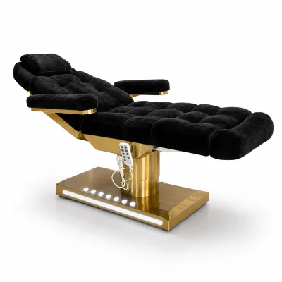 Electric Foldable Salon Treatment Table with Tufted Velvet Cushion Adjustable Sections LED Gold Base for Beauty Studio Hotel Use